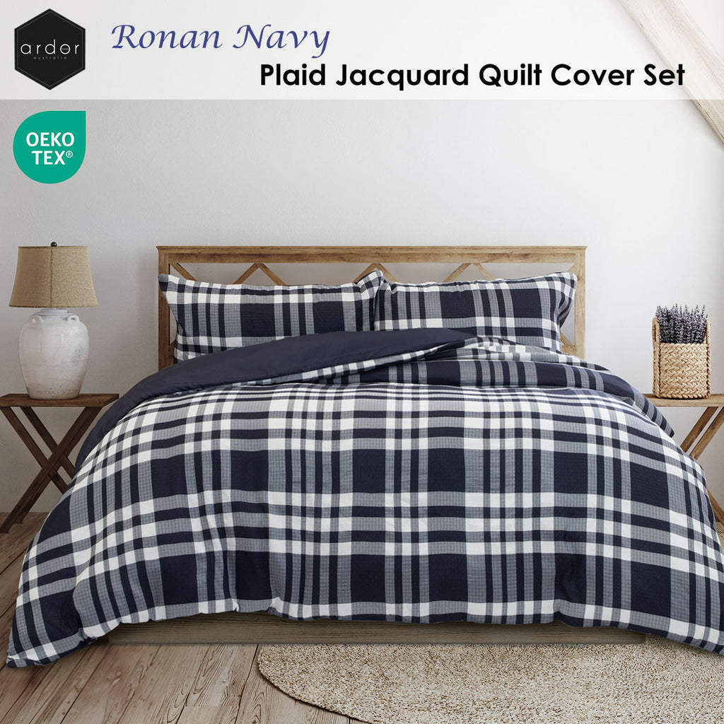 Ardor Ronan Plaid Jacquard Quilt Cover Set – Navy and White, King