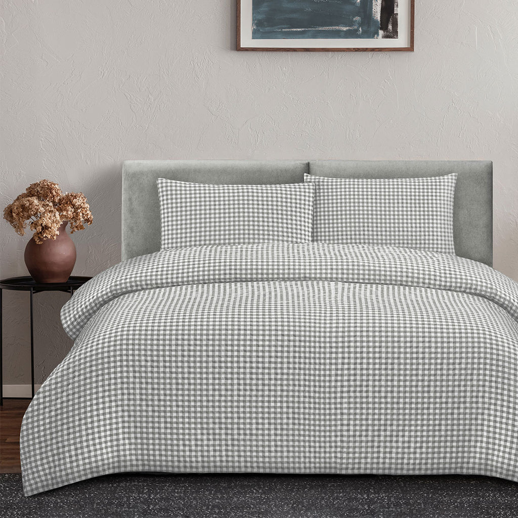 Ardor Rowe Gingham Seersucker Quilt Cover Set – Grey and White, Queen