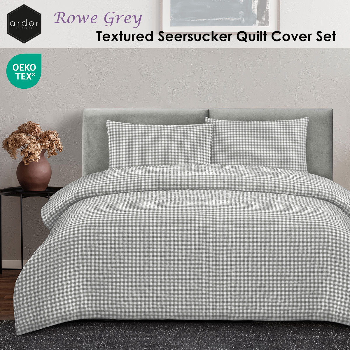 Ardor Rowe Gingham Seersucker Quilt Cover Set – Grey and White, Queen