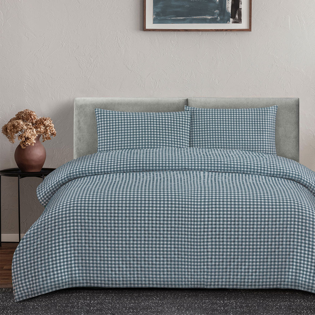 Ardor Rowe Gingham Seersucker Quilt Cover Set – Teal and White, King