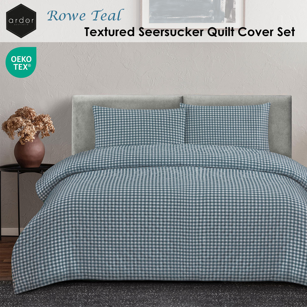 Ardor Rowe Gingham Seersucker Quilt Cover Set – Teal and White, King