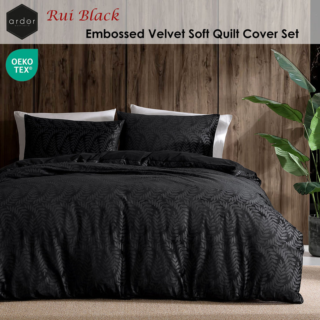 Ardor Rui Embossed Velvet-Style Vine Quilt Cover Set – Black and Charcoal, Queen
