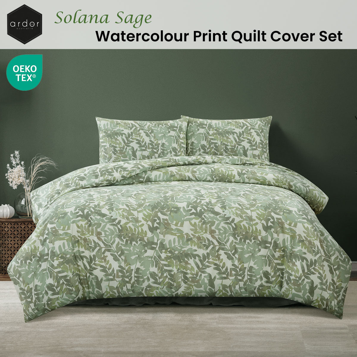Ardor Solana Watercolour Foliage Print Quilt Cover Set – Sage, Cream and Green, Queen