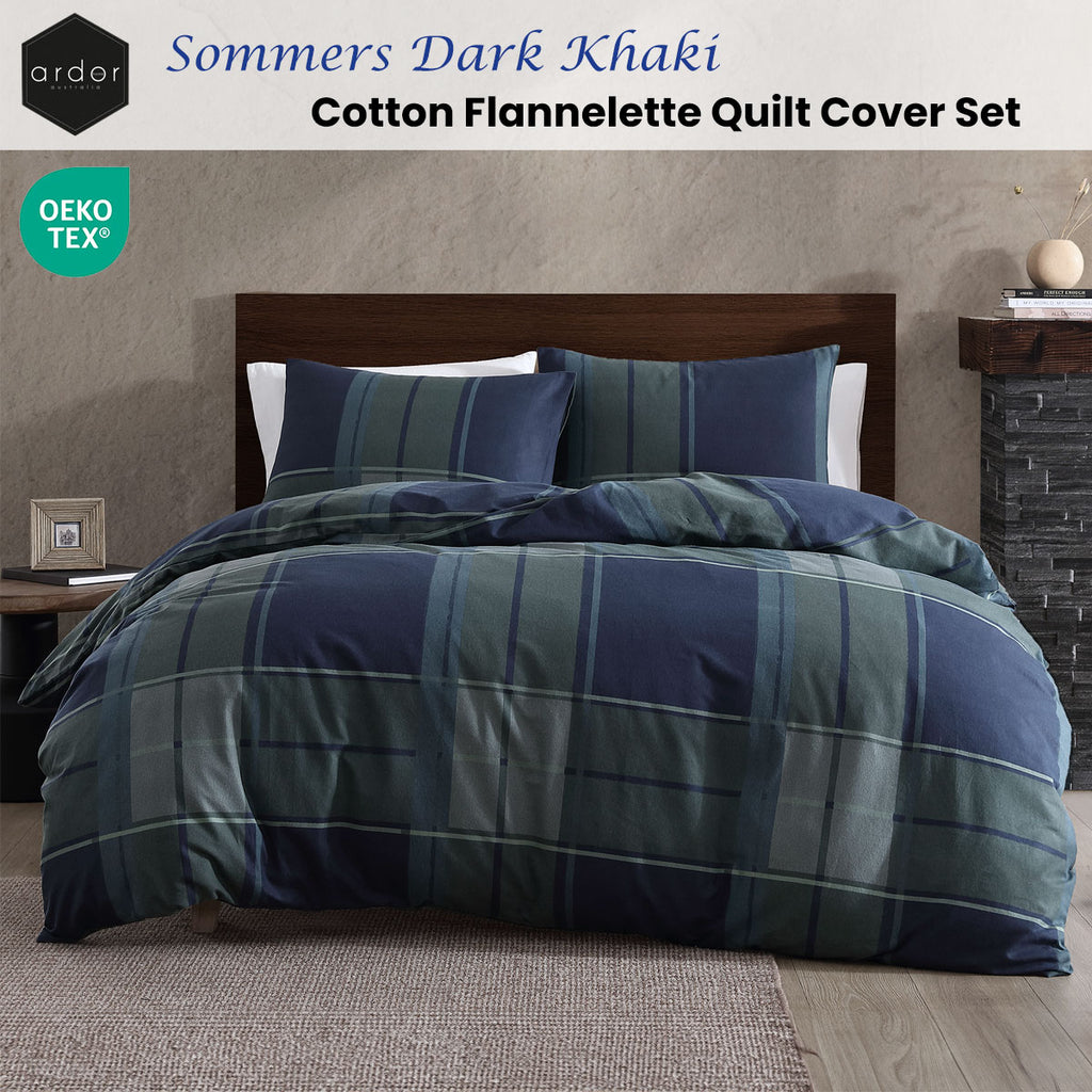 Ardor Sommers Cotton Flannelette Plaid Quilt Cover Set – Dark Khaki, Queen