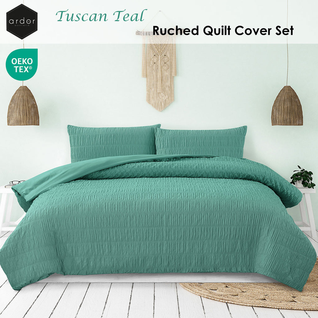Ardor Tuscan Ruched Quilt Cover Set – Teal, King