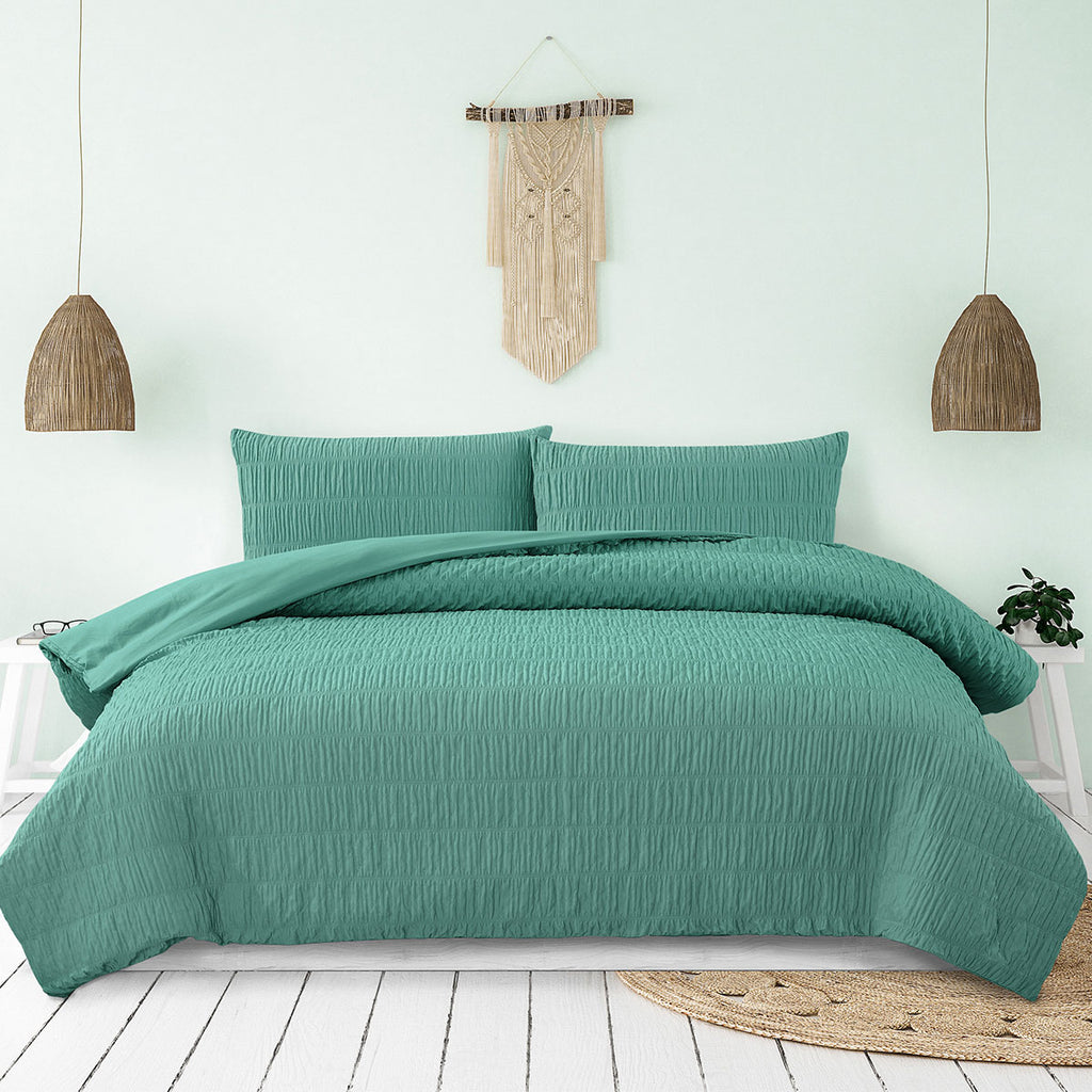 Ardor Tuscan Ruched Quilt Cover Set – Teal, Queen