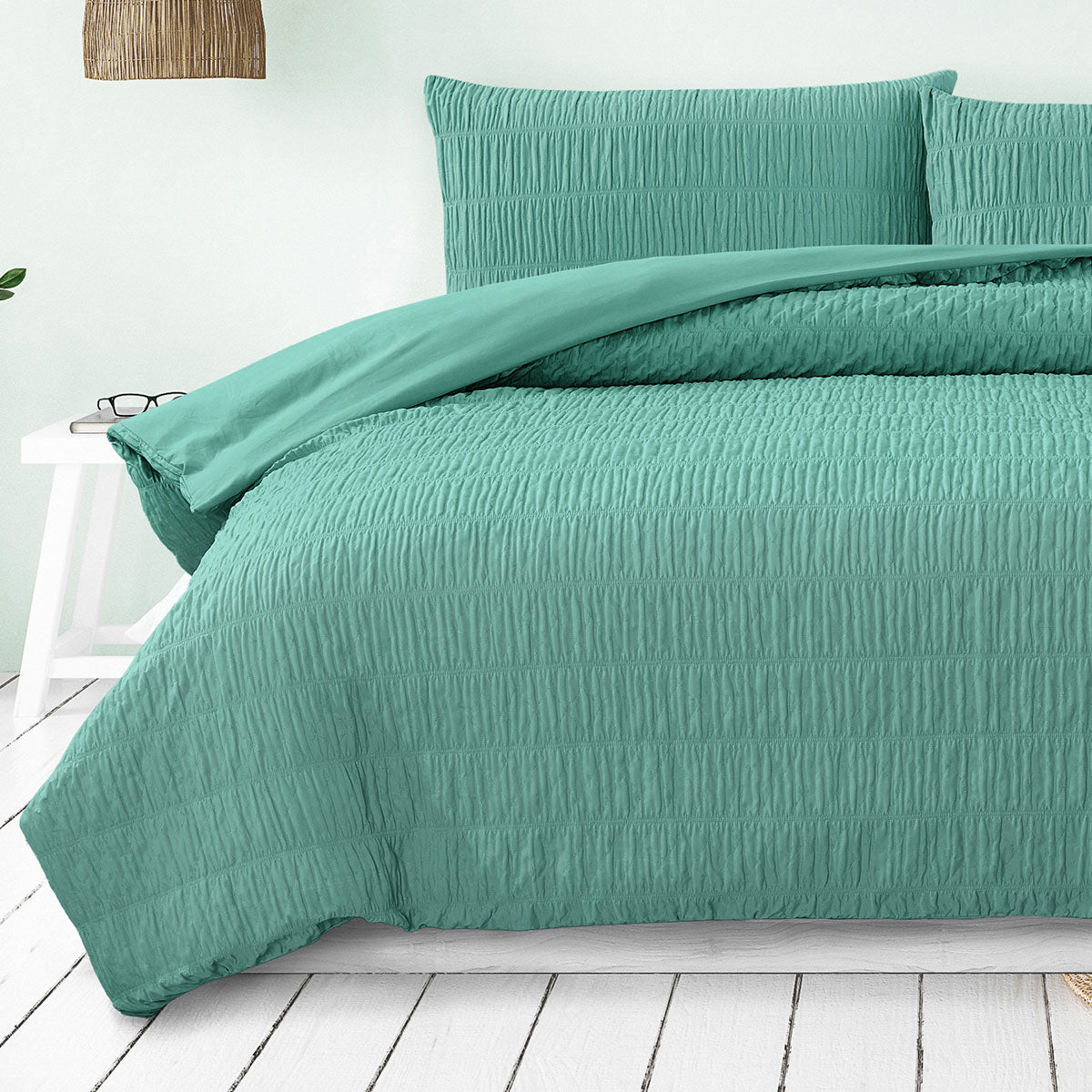 Ardor Tuscan Ruched Quilt Cover Set – Teal, Queen