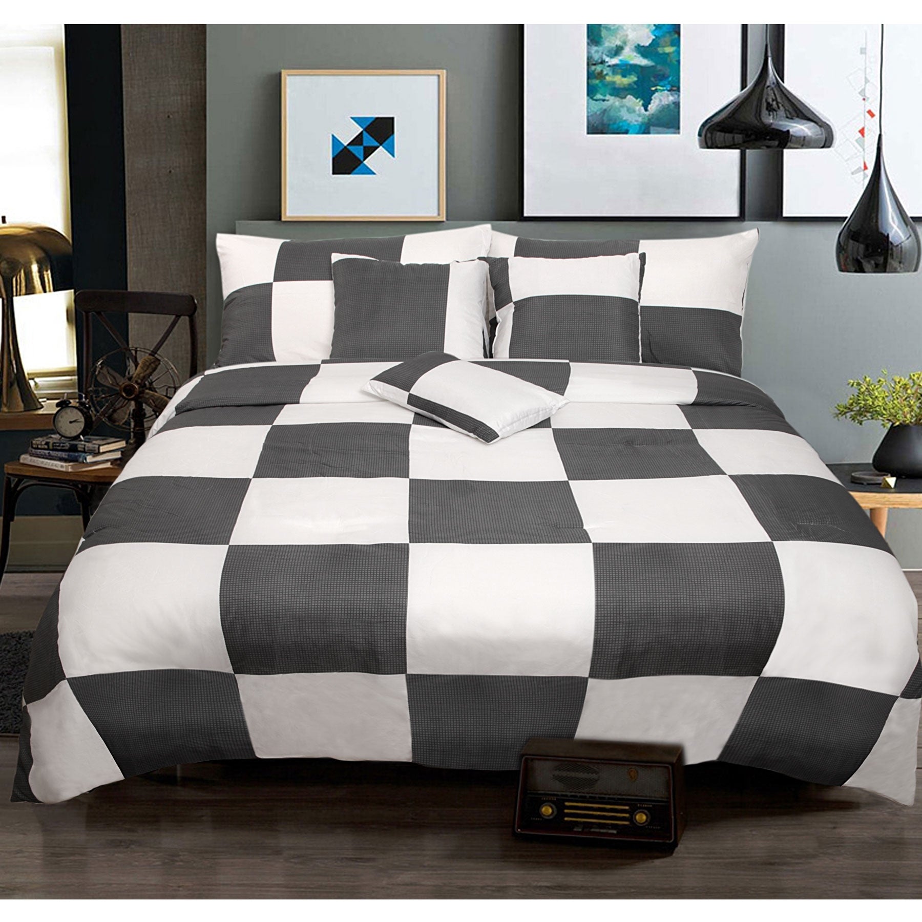 Shangri La Check Comforter Set – Charcoal, Queen, 6 Piece