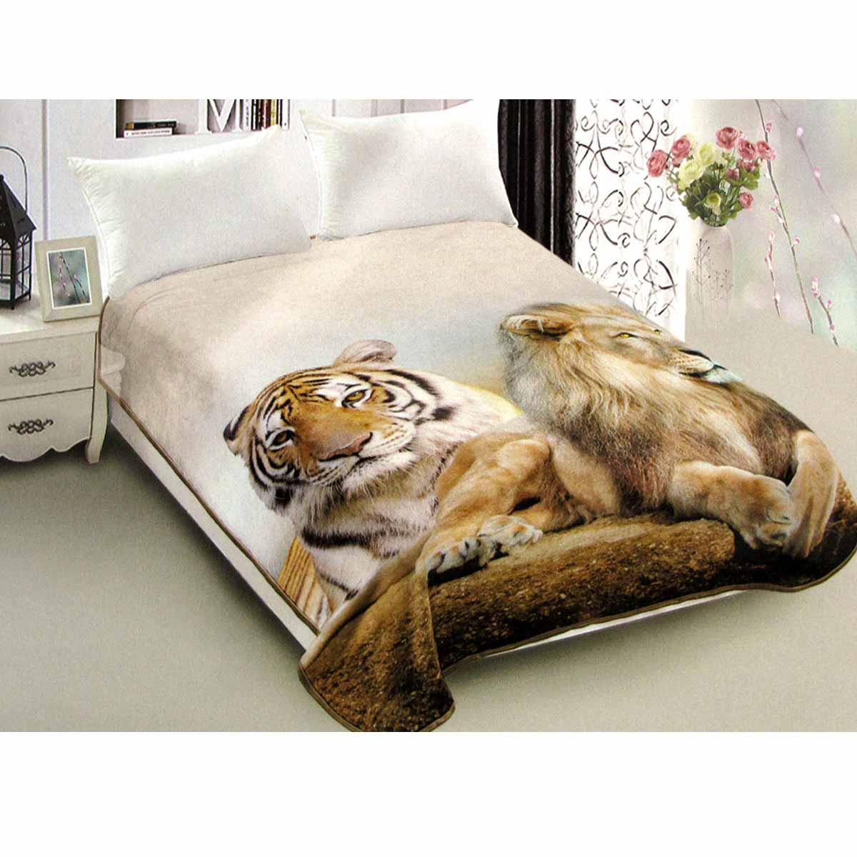 800GSM Reversible Mink-Style Blanket – Lion & Tiger, Queen