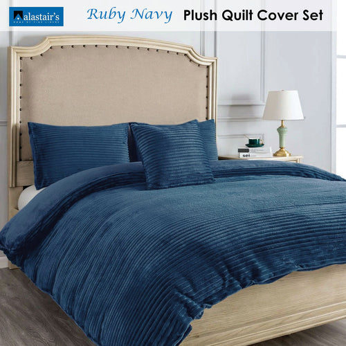 Alastairs Ruby Ribbed Flannel-Fleece Quilt Cover Set – Navy, Double