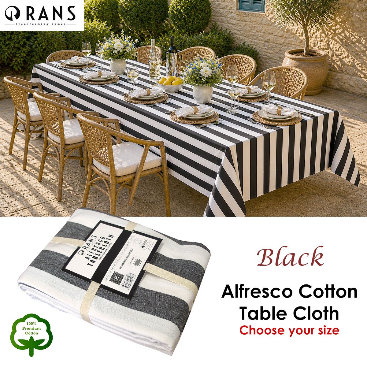 Rans Alfresco Stripe Cotton Tablecloth – Black
