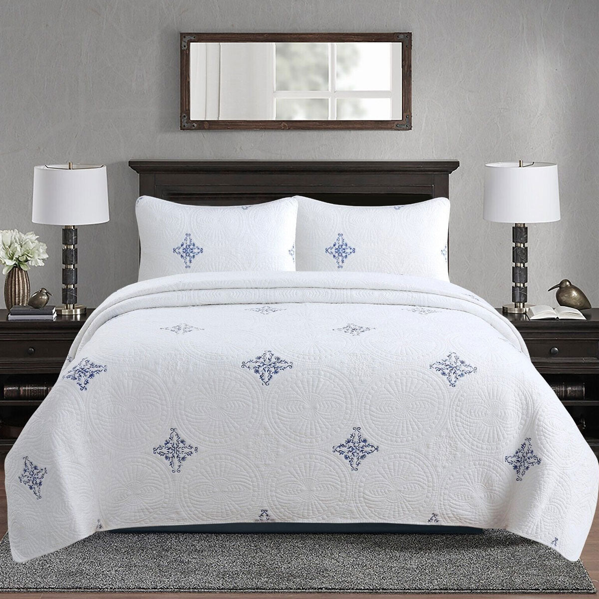 Colorado Cotton Quilted Coverlet Set – Blue & White, King