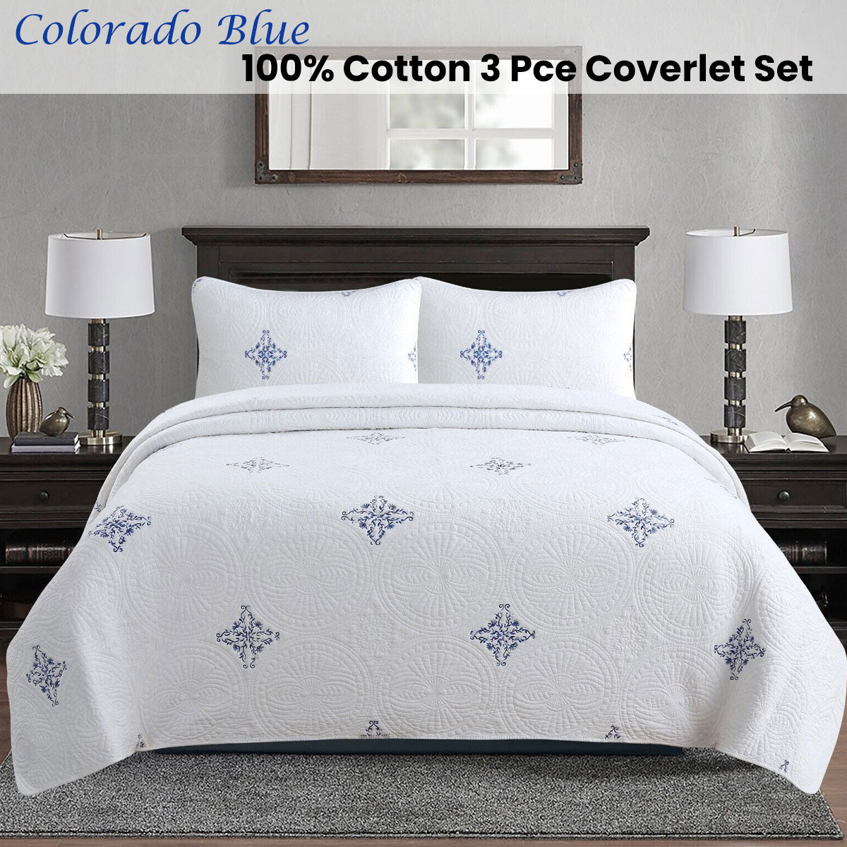 Colorado Cotton Quilted Coverlet Set – Blue & White, King