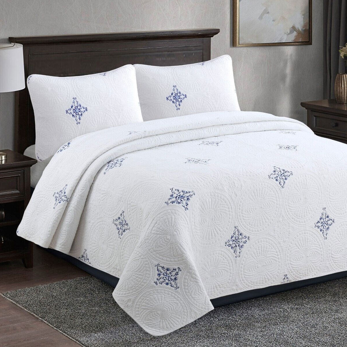 Colorado Cotton Quilted Coverlet Set – Blue & White, King