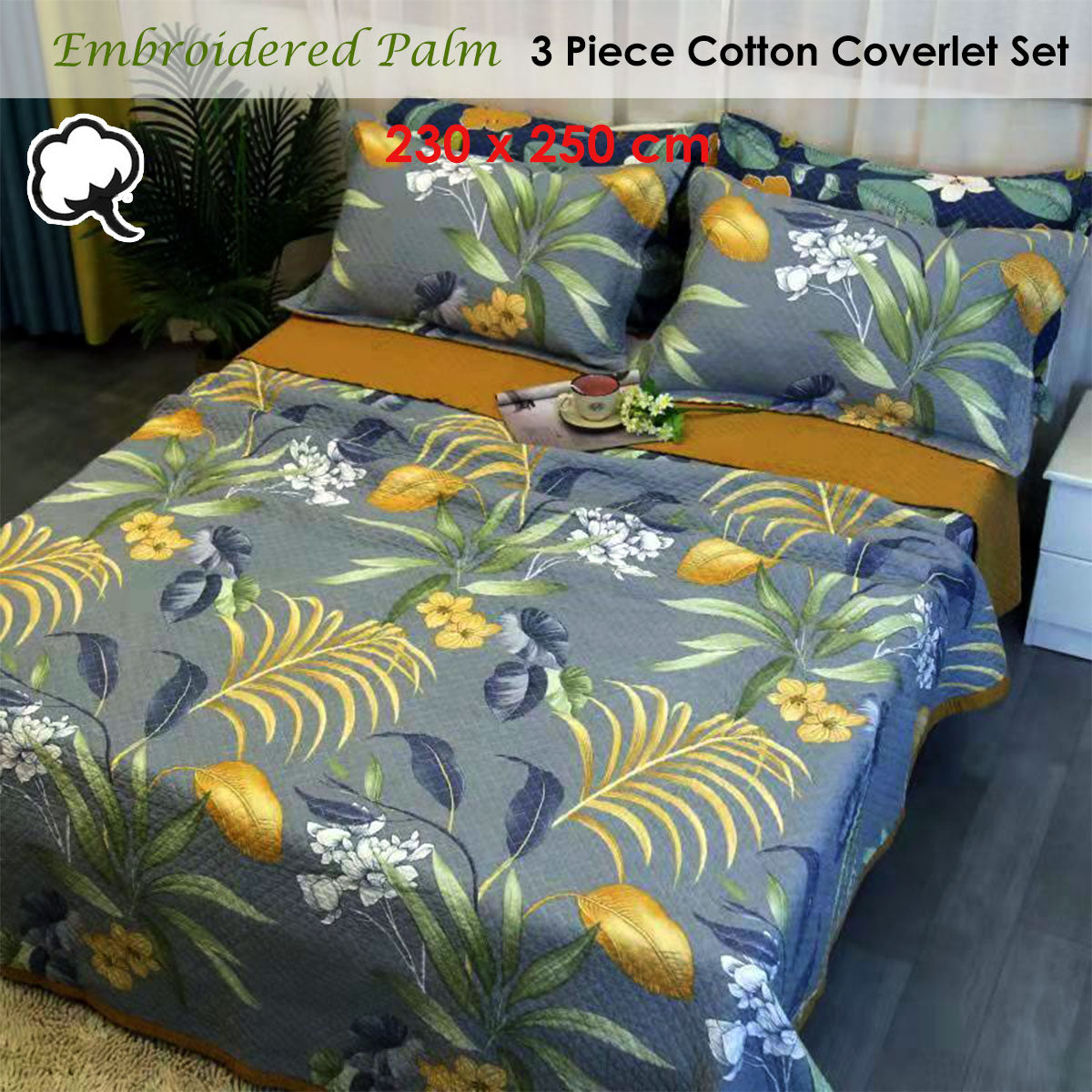 Embroidered Palm Cotton Coverlet Set – Queen