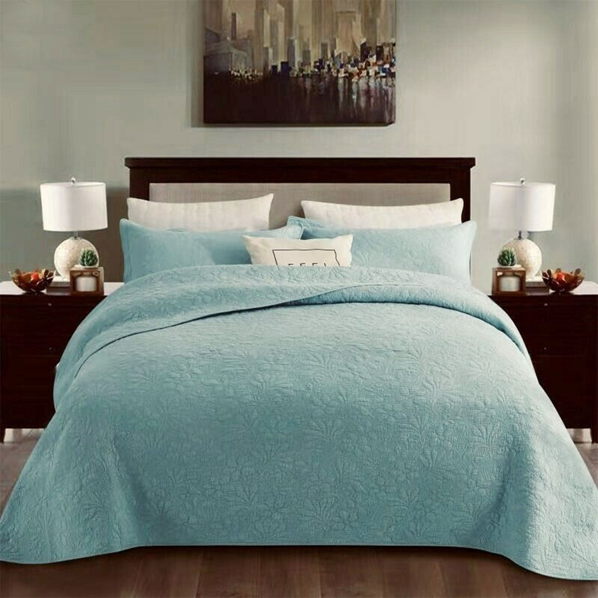 Floral Turquoise Cotton Coverlet Set – King