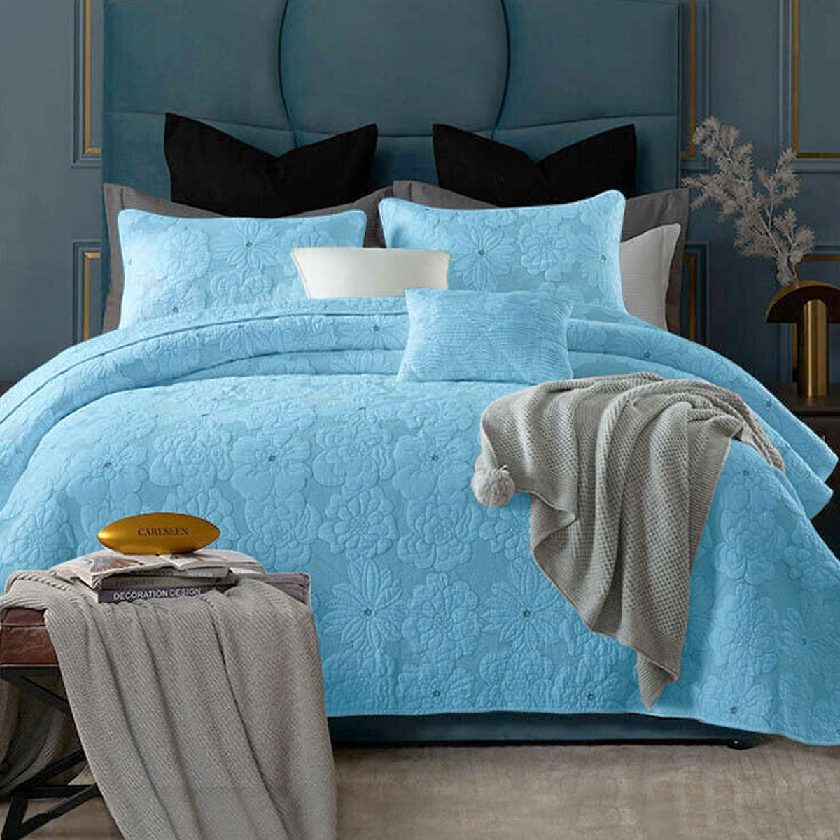 Floriade Cotton-Rich Quilted Coverlet Set – Aqua, Queen