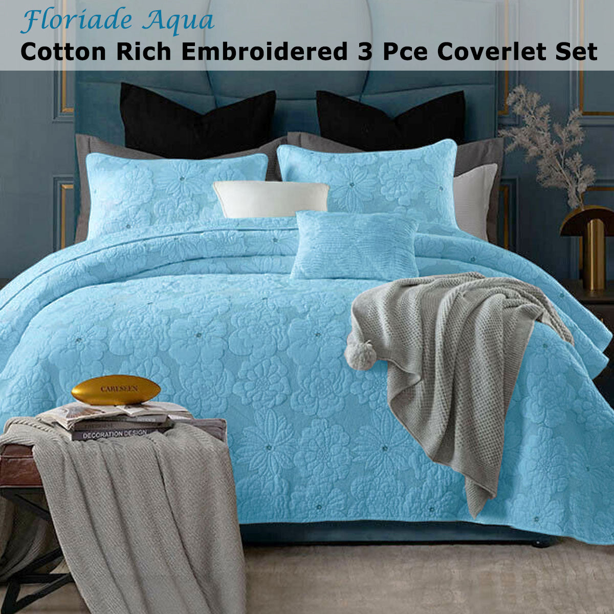 Floriade Cotton-Rich Quilted Coverlet Set – Aqua, Queen