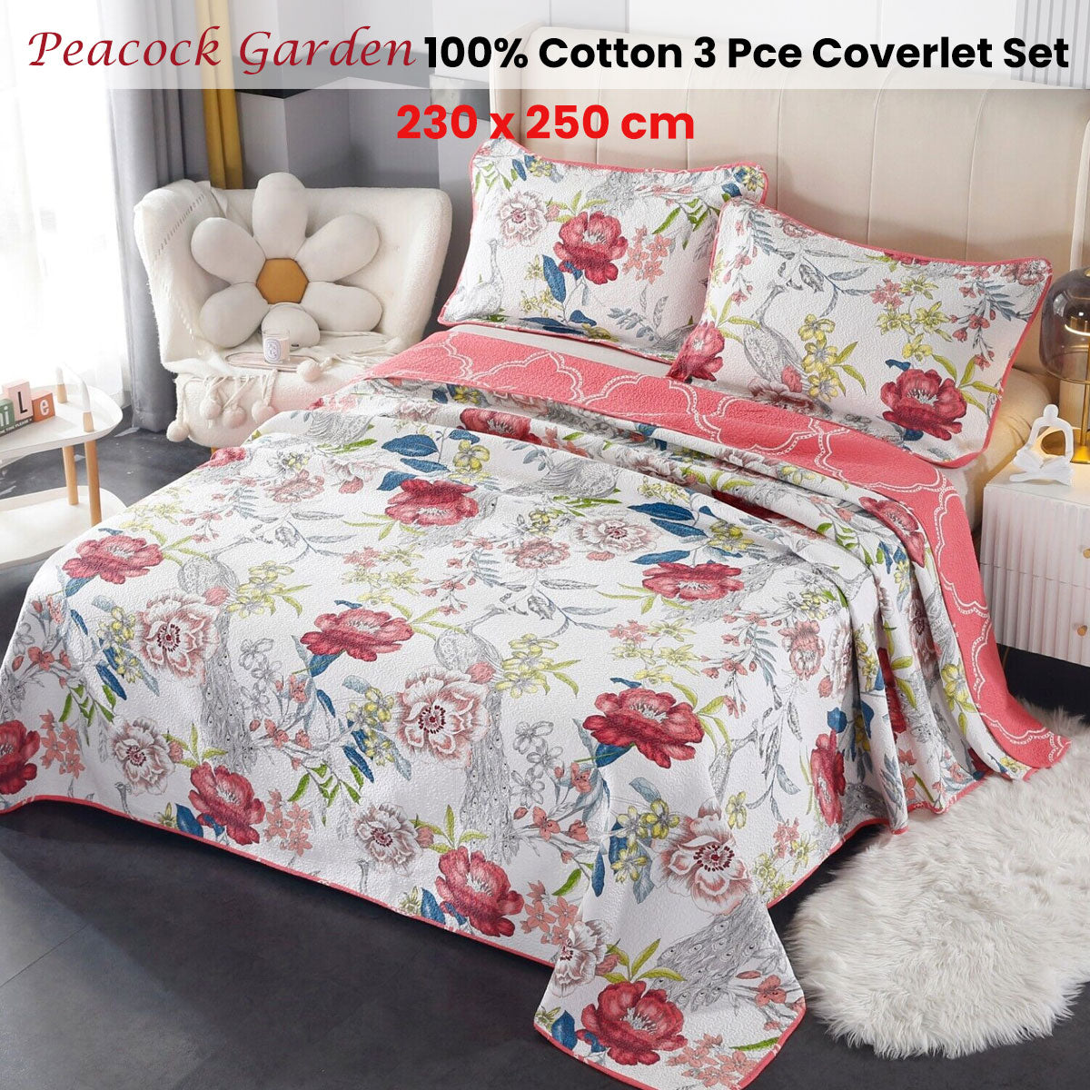 Peacock Garden Cotton Quilted Coverlet Set – Pink Multi, Queen