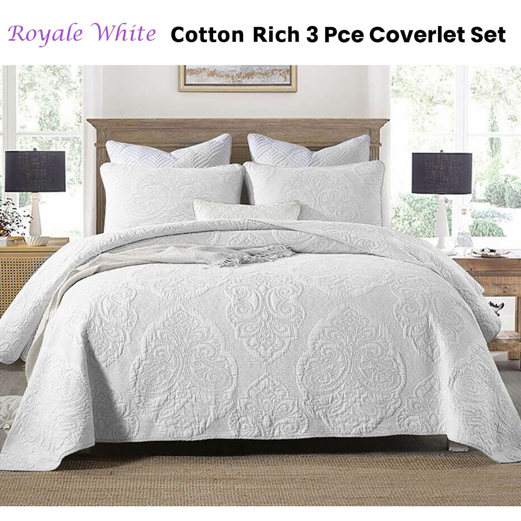 Royale Cotton-Rich Quilted Coverlet Set – White, King