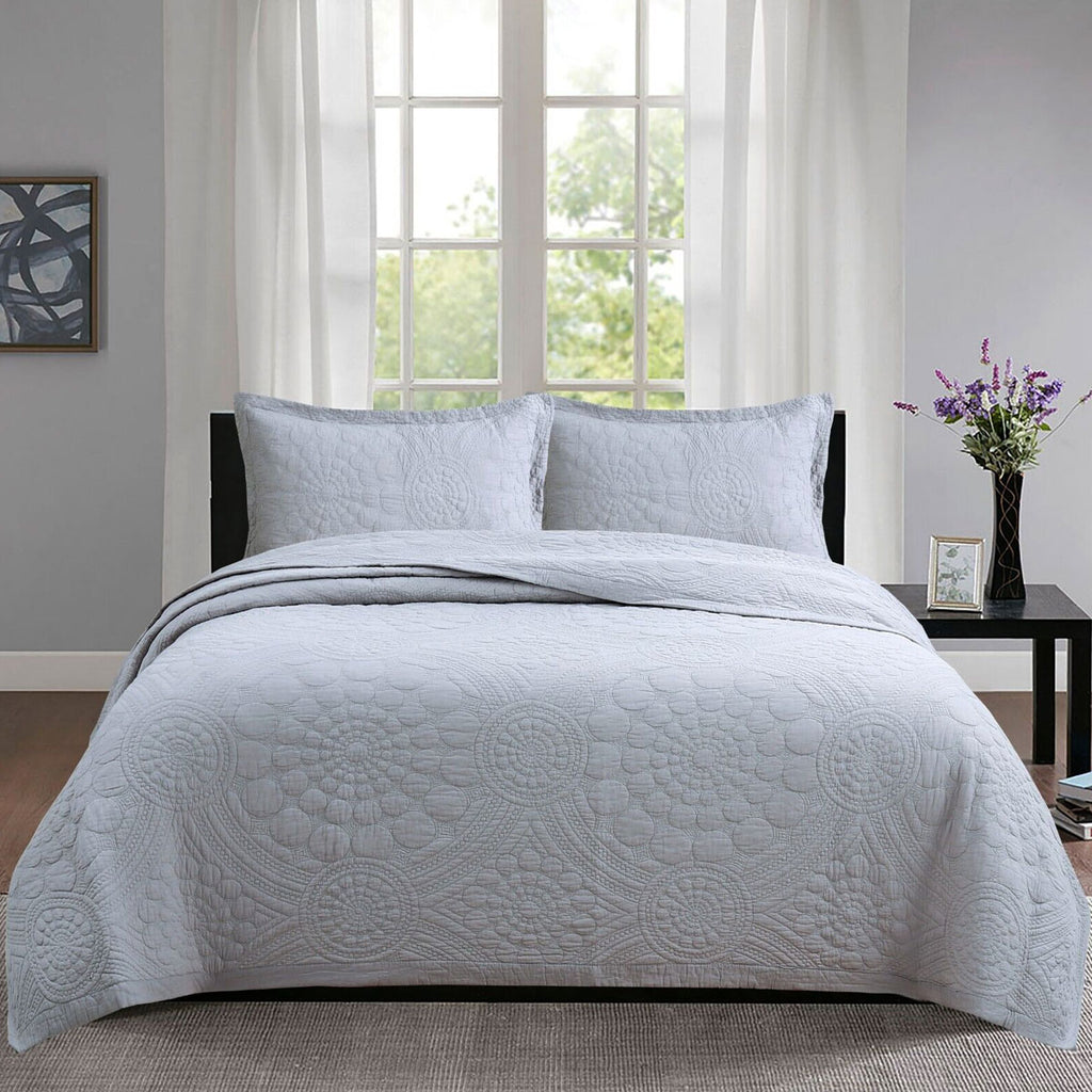 Unity Cotton Quilted Coverlet Set – Silver, Queen