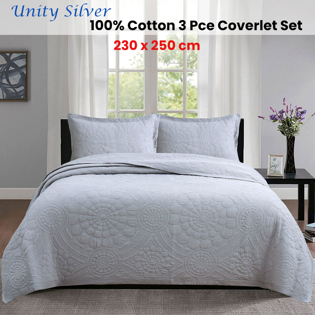 Unity Cotton Quilted Coverlet Set – Silver, Queen
