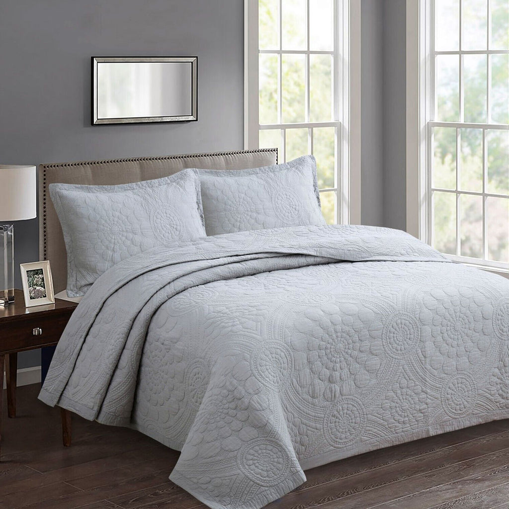 Unity Cotton Quilted Coverlet Set – Silver, Queen