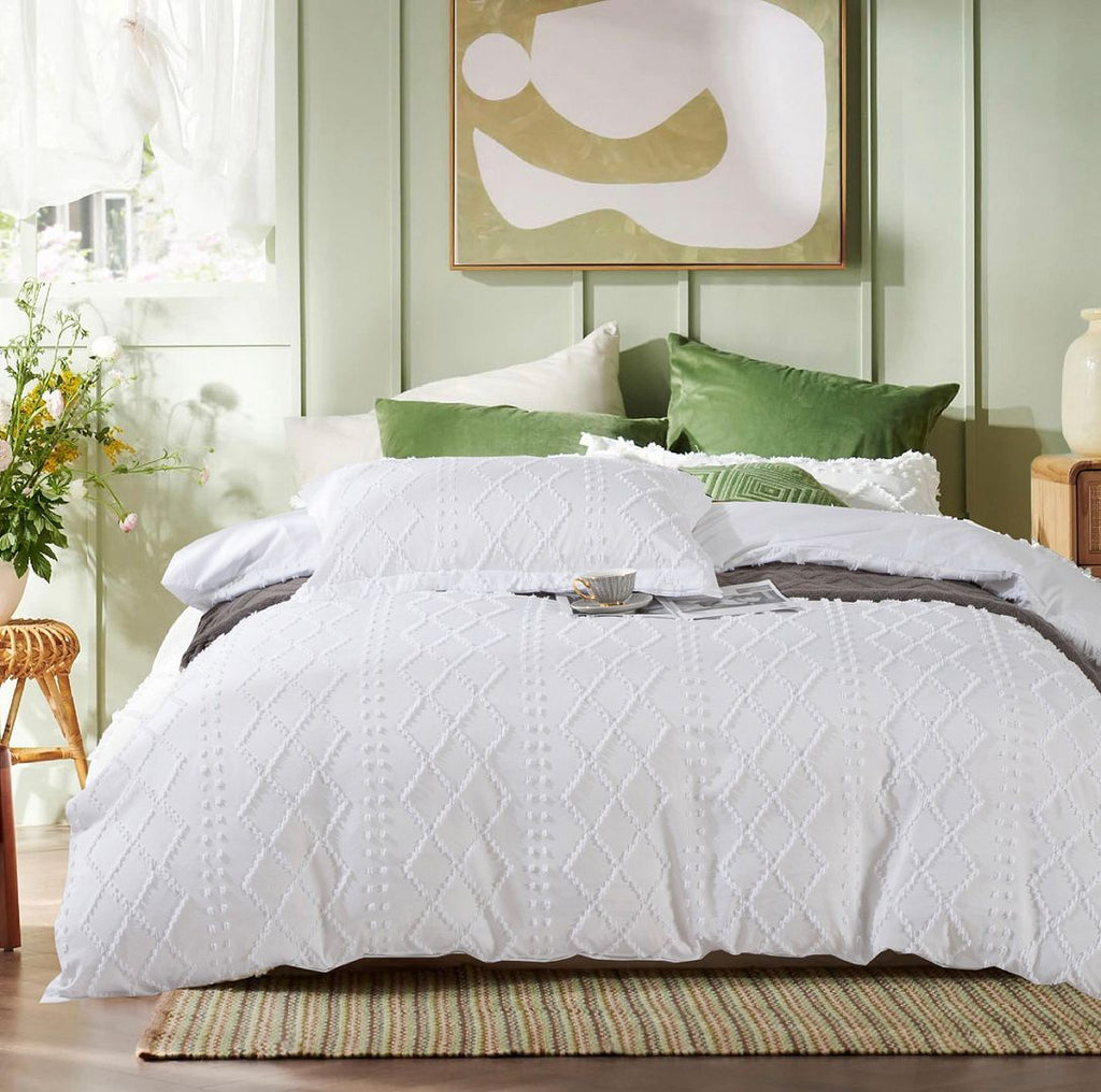 Tufted Boho Embroidery Quilt/Doona/Duvet Cover Set - White - Super King Size
