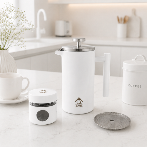 1L French Press Gift Set with Bean Canister – White