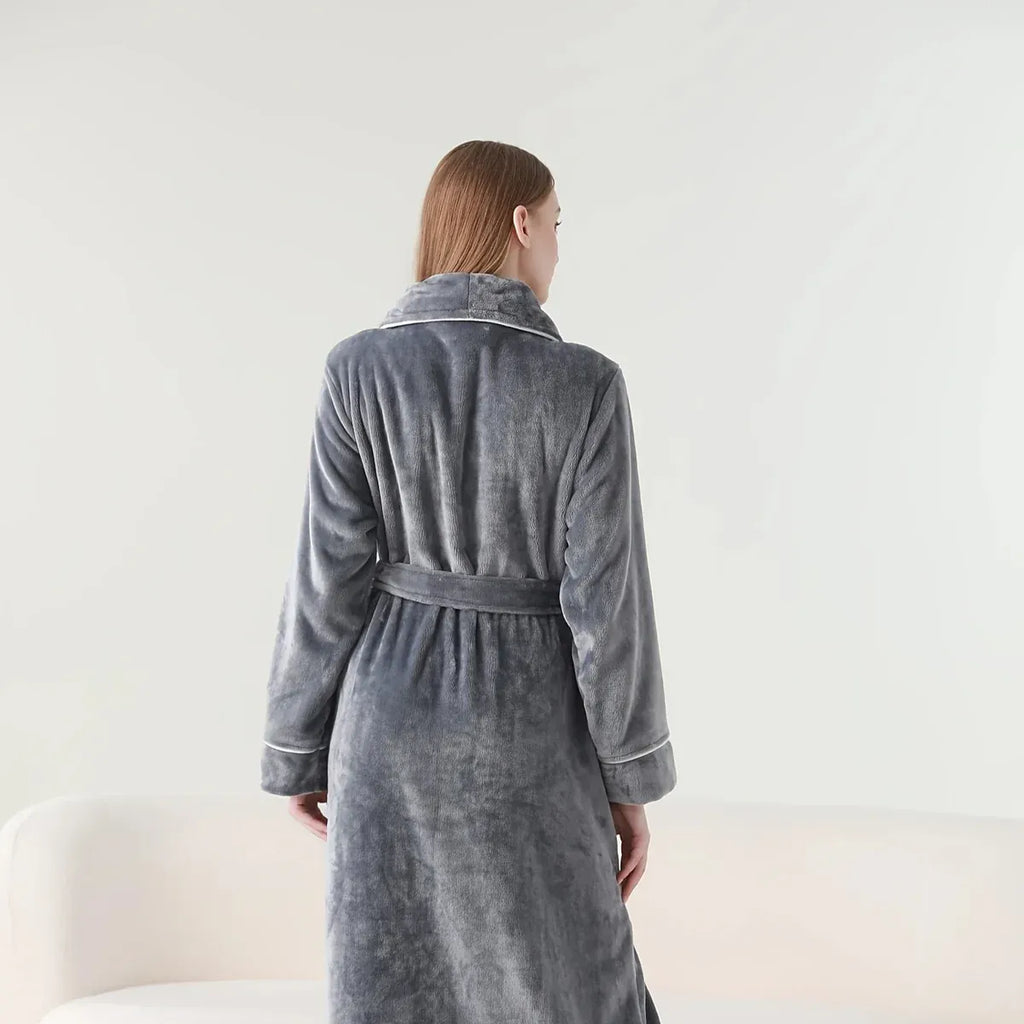 Flannel Bathrobe Set Autumn Winter Coral Fleece Nightgown for Men and Women Warm - Grey