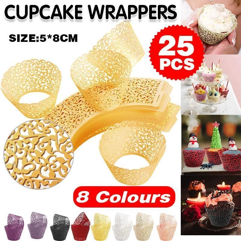 25pcs Laser Cut Cupcake Wrappers Wedding Party Baking Decorations in 8 Colours - Yellow