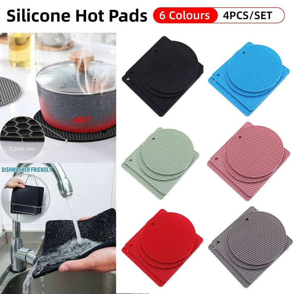 4pcs Silicone Honeycomb Heat Resistant Mats Table Cup Pot Coasters Home Kitchen - Blue