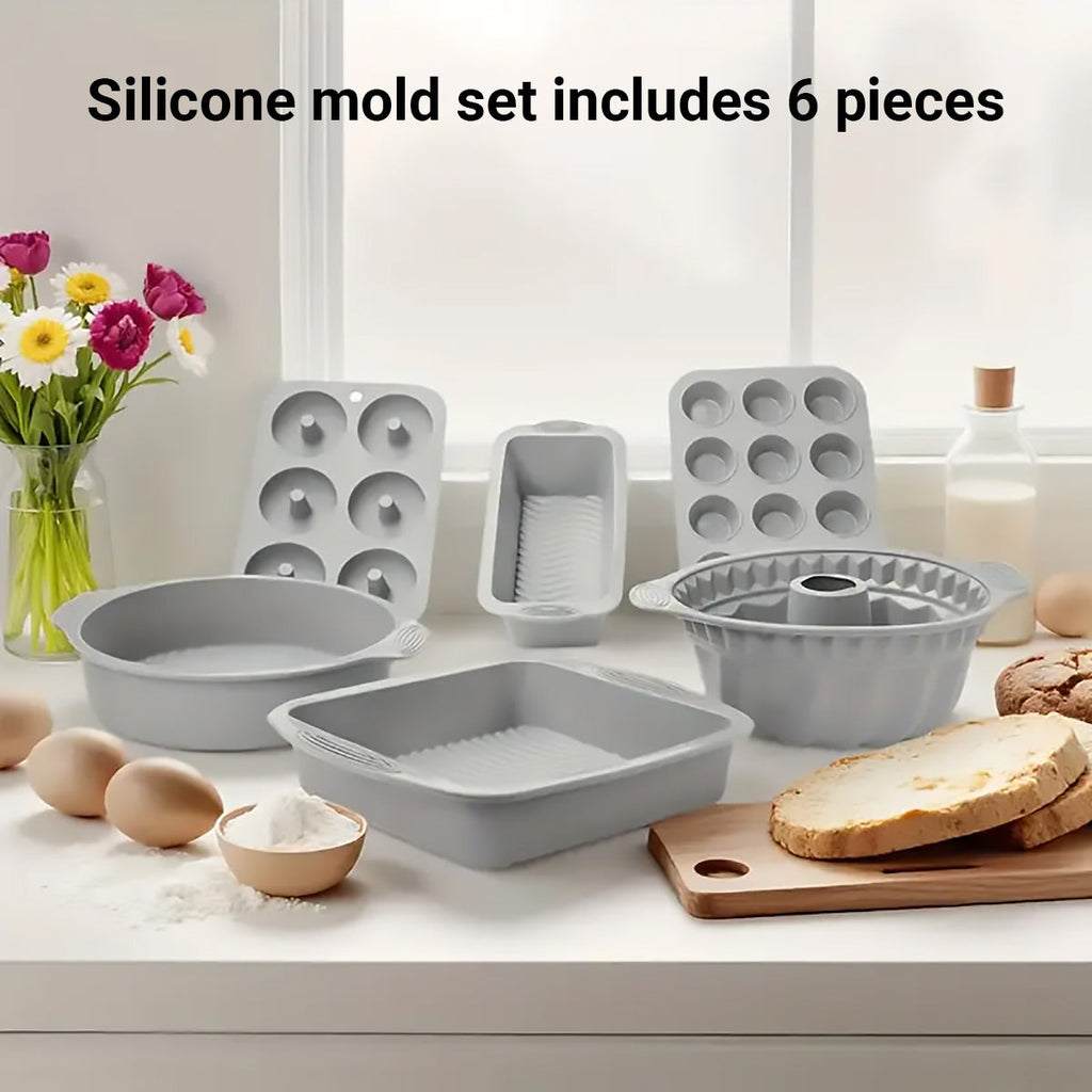 6PCS Silicone Cake Mould Set Baking Pans Nonstick Cupcake Cookie Tools Reusable - Pink