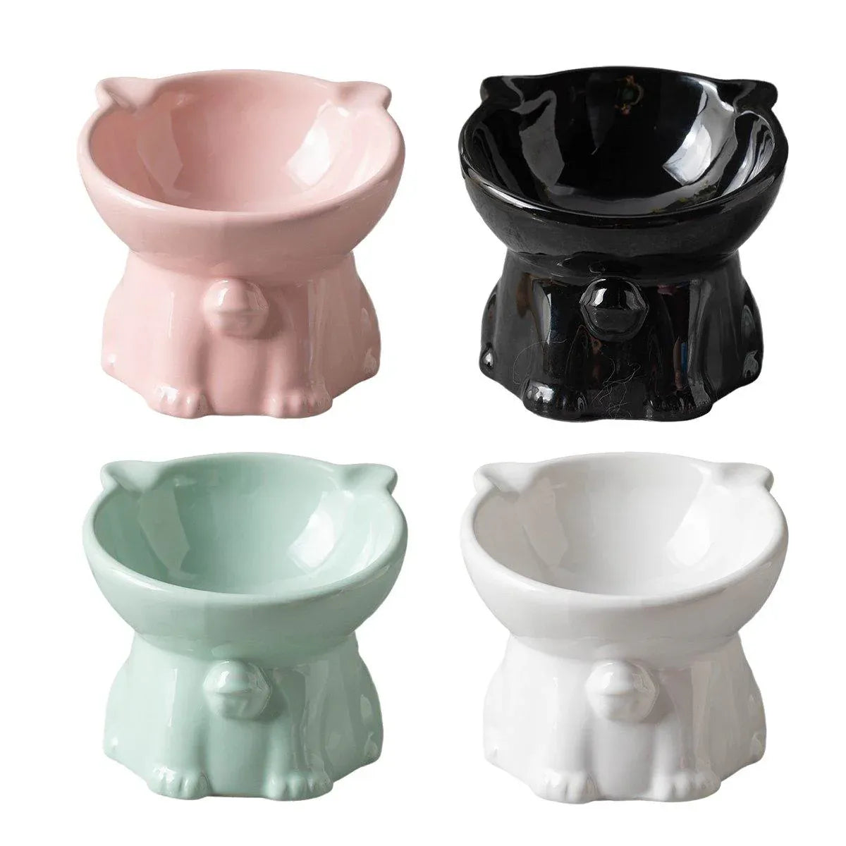 Ceramic Cat Bowl Cute Tall Raised Cat Food Bowl for Pets Eating Comfortably - Black