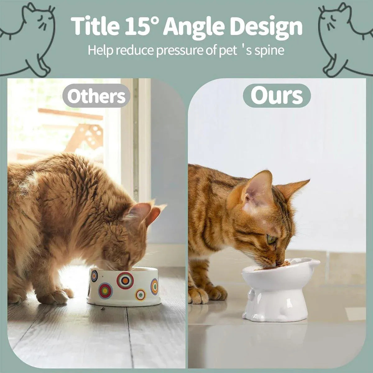 Ceramic Cat Bowl Cute Tall Raised Cat Food Bowl for Pets Eating Comfortably - Green