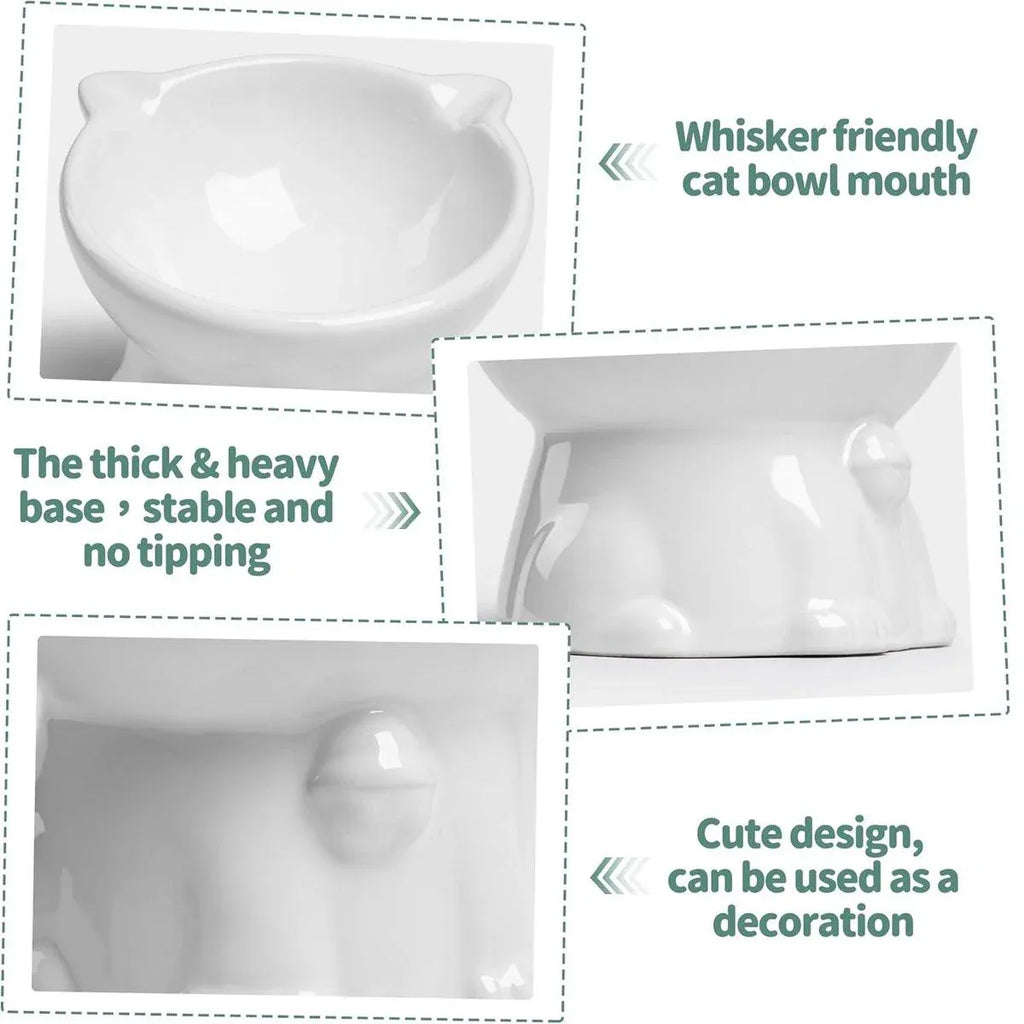 Ceramic Cat Bowl Cute Tall Raised Cat Food Bowl for Pets Eating Comfortably - Green
