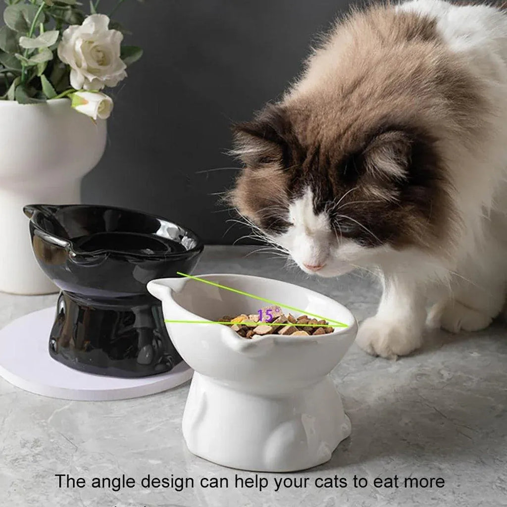 Ceramic Cat Bowl Cute Tall Raised Cat Food Bowl for Pets Eating Comfortably - Green