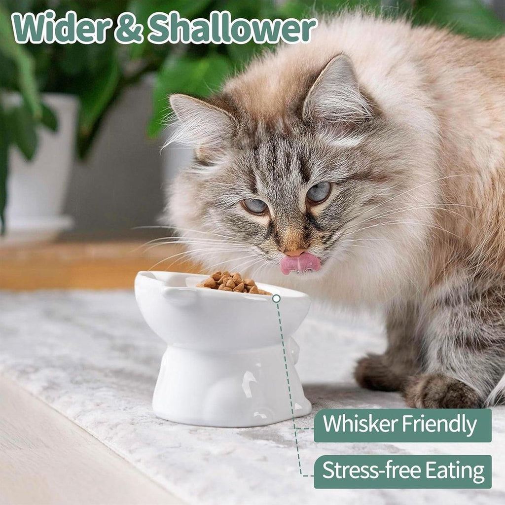 Ceramic Cat Bowl Cute Tall Raised Cat Food Bowl for Pets Eating Comfortably - White