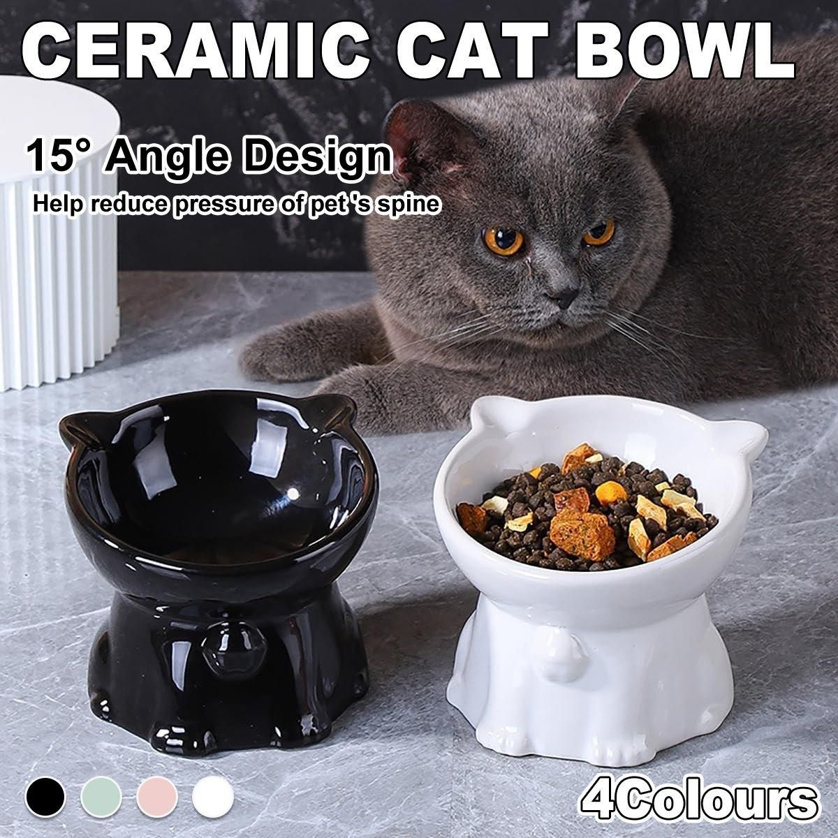 Ceramic Cat Bowl Cute Tall Raised Cat Food Bowl for Pets Eating Comfortably - White