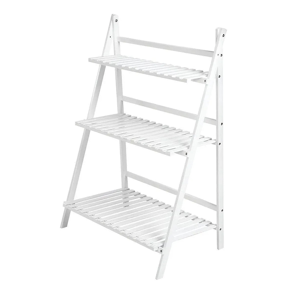 Balcony Plant Stand 3-Layer Wooden Flower Pot Corner Stand White Log Foldable - White