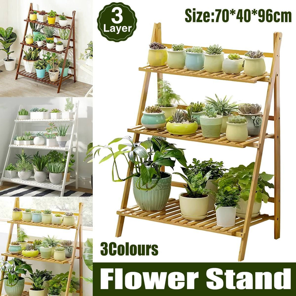 Balcony Plant Stand 3-Layer Wooden Flower Pot Corner Stand White Log Foldable - White
