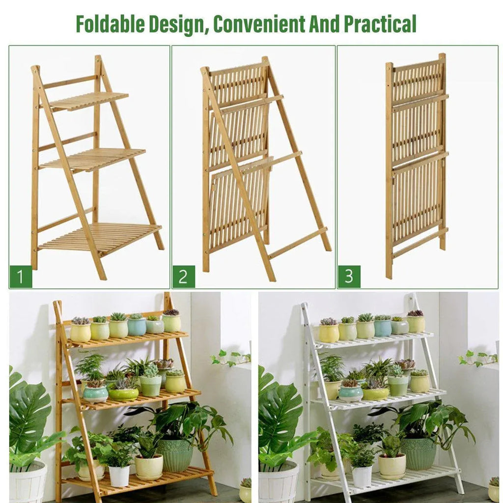Balcony Plant Stand 3-Layer Wooden Flower Pot Corner Stand White Log Foldable - White