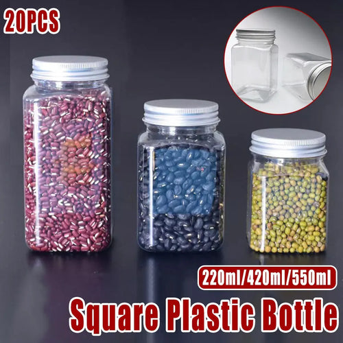 550ml Square PET Storage Jars with Aluminium Lids – 20 Pack