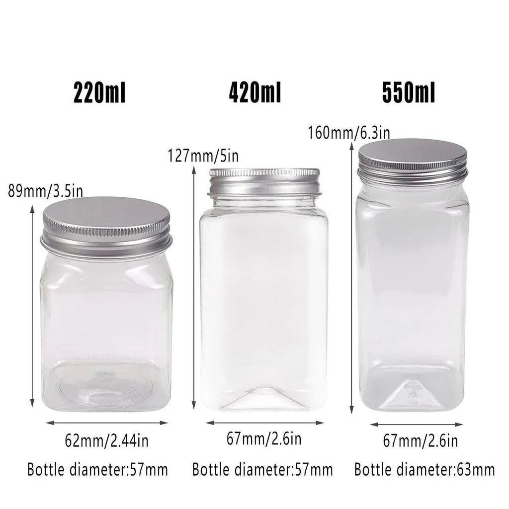 20pcs Square Transparent Plastic Bottle with Aluminum Cap Sealed Jar for Food Storage - 550ml