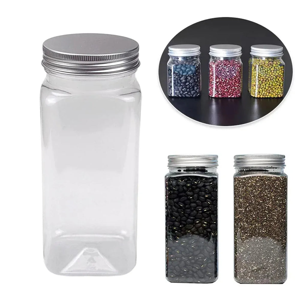 20pcs Square Transparent Plastic Bottle with Aluminum Cap Sealed Jar for Food Storage - 550ml