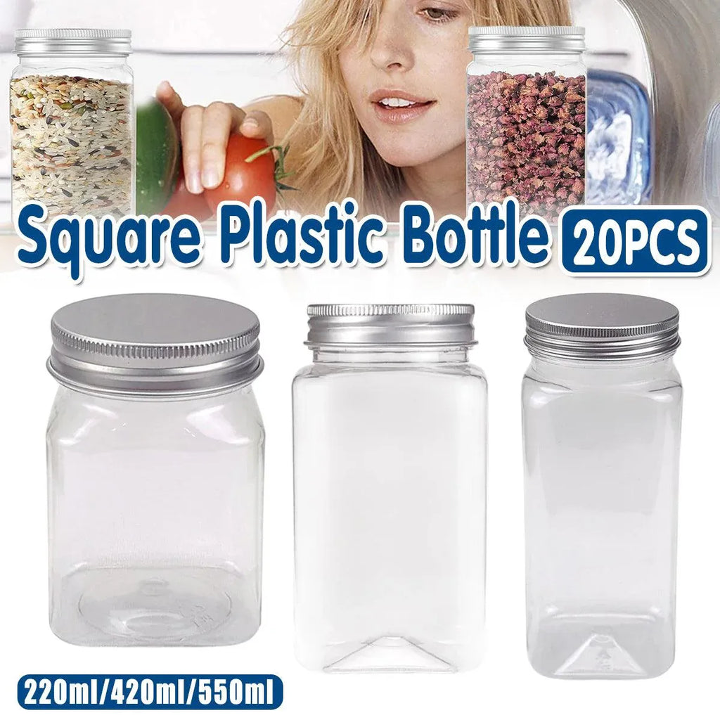 20pcs Square Transparent Plastic Bottle with Aluminum Cap Sealed Jar for Food Storage - 550ml