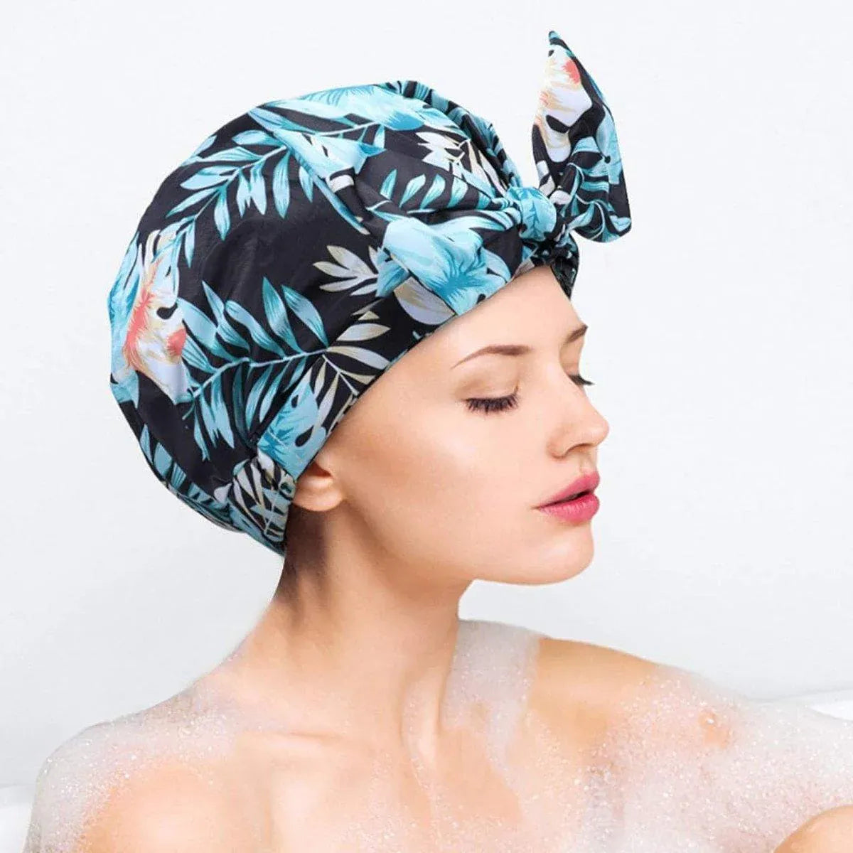 Woman Shower Cap Reusable Long Hair Large Turban Bathroom Waterproof Hair Cap - Black Background