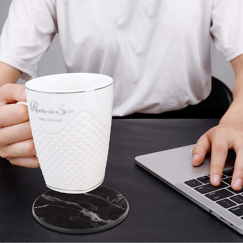6x Coasters with Holder Marble Texture Round Cup Mat Pad Set For Drinks - Marble Black