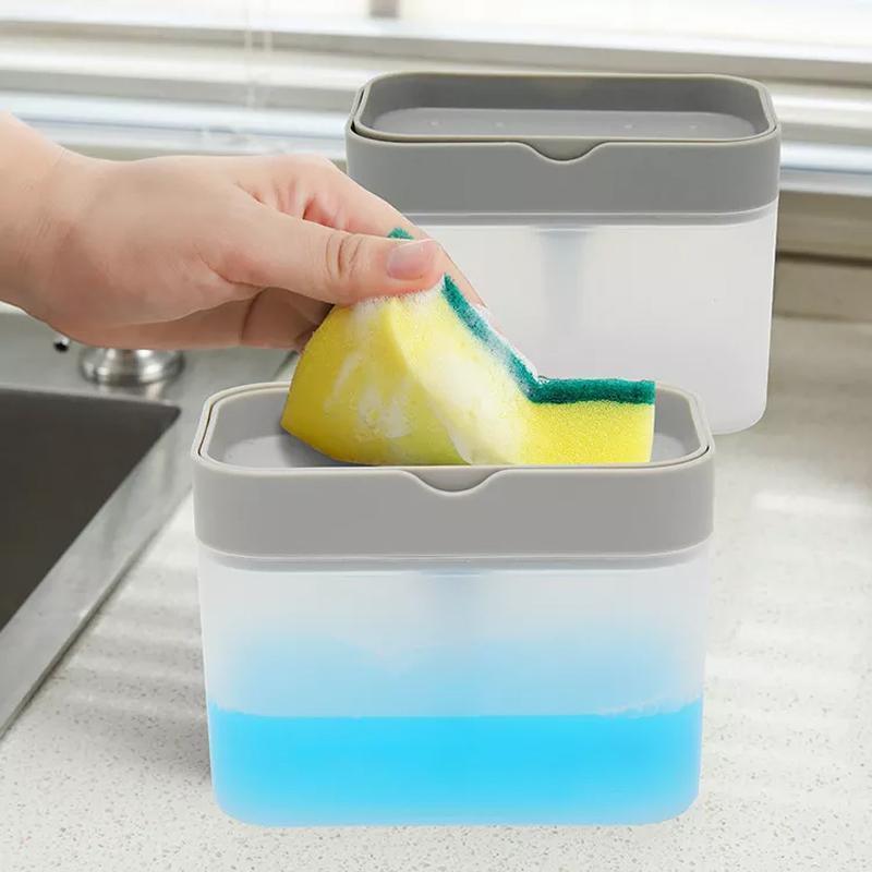 2 In 1 Soap Pump Dispenser Sponge Holder Dish Washing Liquid Container Kitchen - White