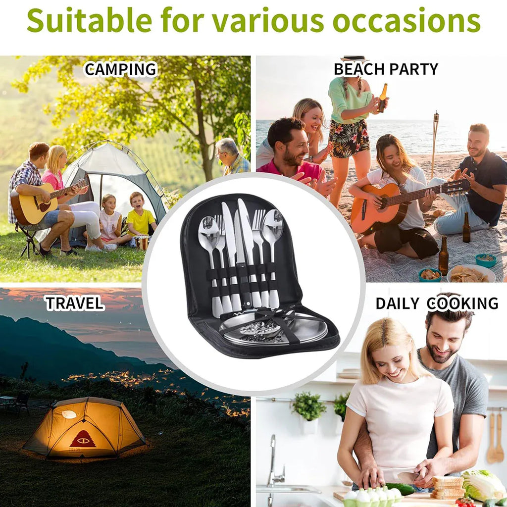 10/20PCS Camping Cutlery Set Outdoor Picnic Utensils Plates Spoons Forks Knives - Black-2 People